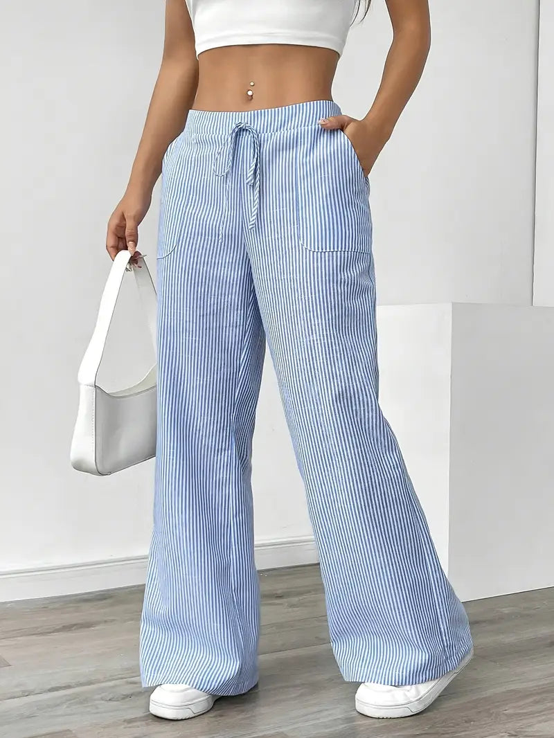 Pantalon femme d'été, rayé, taille haute, chic et confortable.