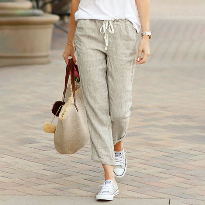 Pantalon lin coton femme, coupe droite, cordon taille.  Élégant et confortable pour le printemps/été.