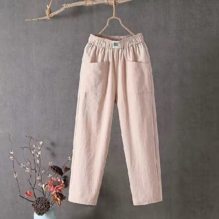 Pantalon lin coton large femme, coupe ample et confortable.  Idéal pour le quotidien.