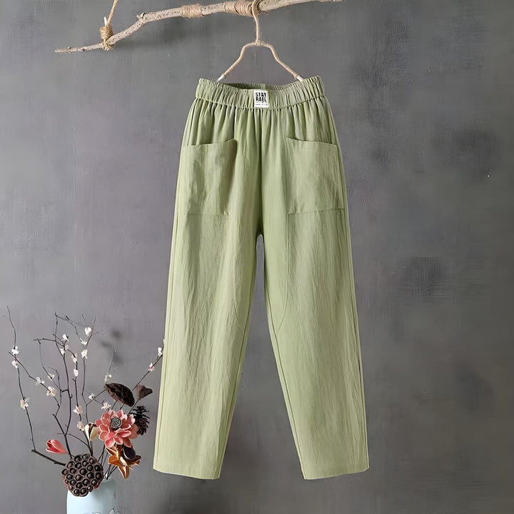 Pantalon lin coton large femme, coupe ample et confortable.  Idéal pour le quotidien.