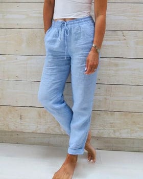 Pantalon lin femme ample, léger et confortable.  Coupe fluide, idéal été.