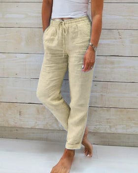 Pantalon lin femme ample, léger et confortable.  Coupe fluide, idéal été.