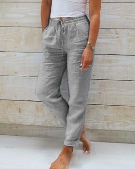 Pantalon lin femme ample, léger et confortable.  Coupe fluide, idéal été.