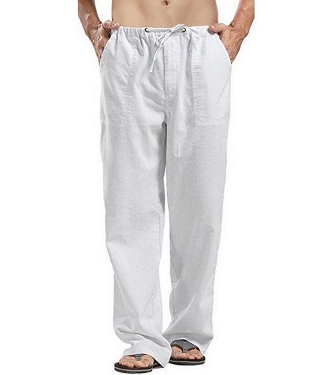 Pantalon lin homme, coupe ajustée, taille élastique, respirant, confortable, été.