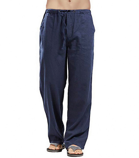 Pantalon lin homme, coupe ajustée, taille élastique, respirant, confortable, été.
