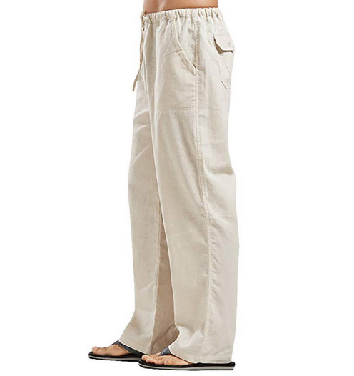 Pantalon lin homme, coupe ajustée, taille élastique, respirant, confortable, été.