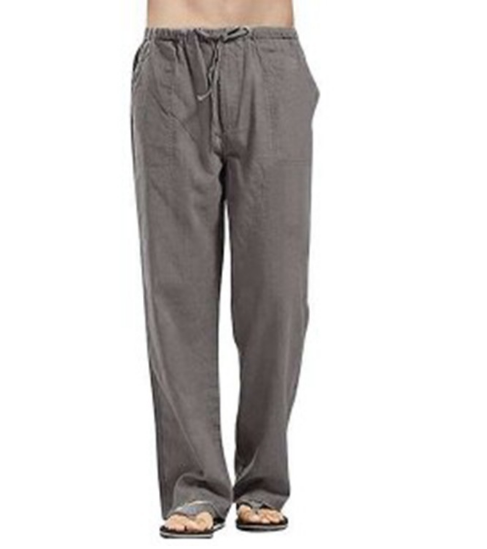 Pantalon lin homme, coupe ajustée, taille élastique, respirant, confortable, été.