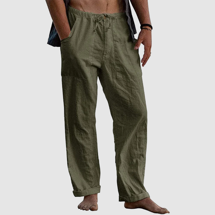 Pantalon lin homme, coupe décontractée.  Confort et style pour le travail ou les loisirs.