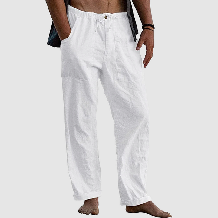 Pantalon lin homme, coupe décontractée.  Confort et style pour le travail ou les loisirs.