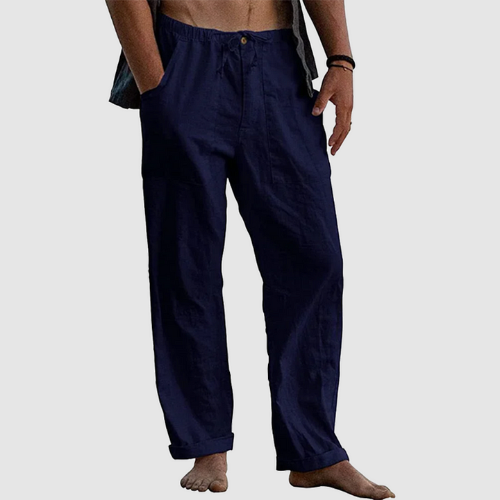 Pantalon lin homme, coupe décontractée.  Confort et style pour le travail ou les loisirs.