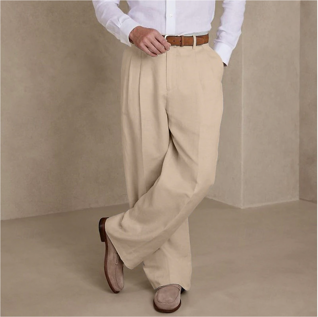 Pantalon lin homme, coupe décontractée élégante.  Tissu léger et respirant, idéal été.