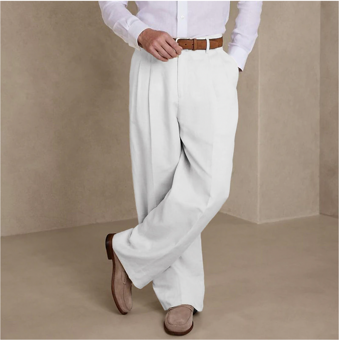 Pantalon lin homme, coupe décontractée élégante.  Tissu léger et respirant, idéal été.