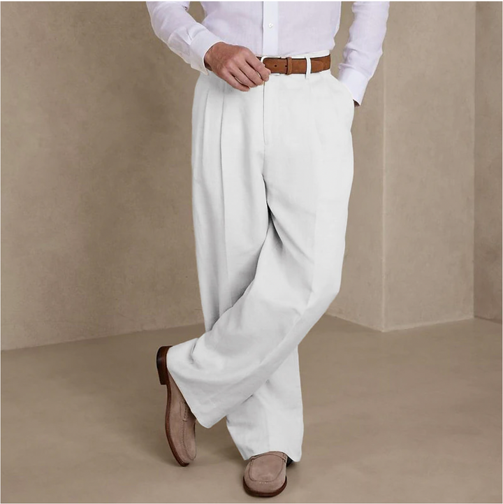 Pantalon lin homme, coupe décontractée élégante.  Tissu léger et respirant, idéal été.