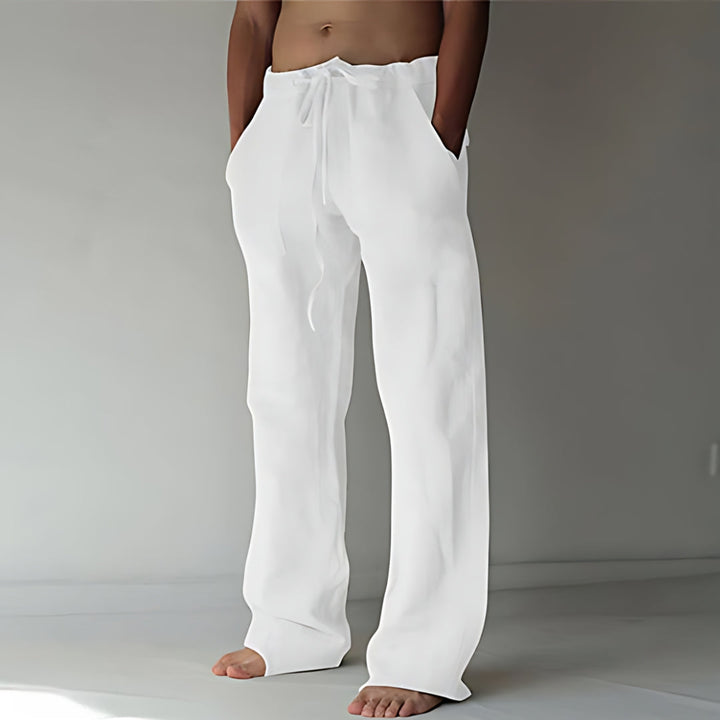 Pantalon lin homme été, coupe chic et respirante.  Parfait pour les journées chaudes.