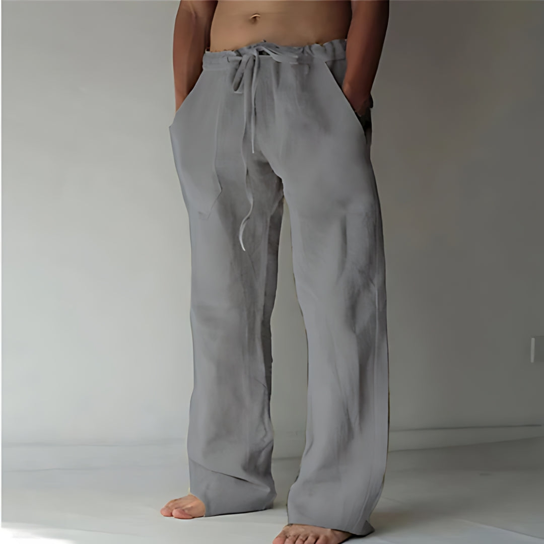 Pantalon lin homme été, coupe chic et respirante.  Parfait pour les journées chaudes.