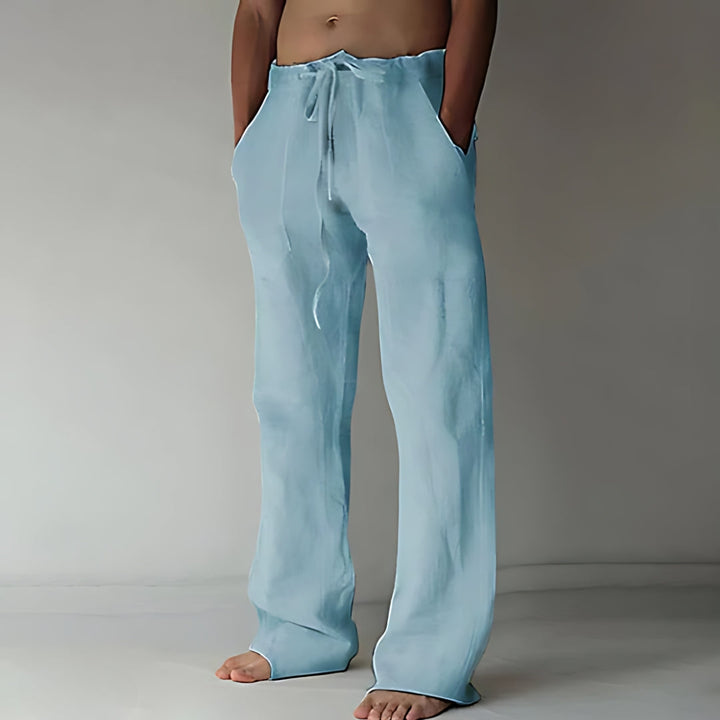 Pantalon lin homme été, coupe chic et respirante.  Parfait pour les journées chaudes.