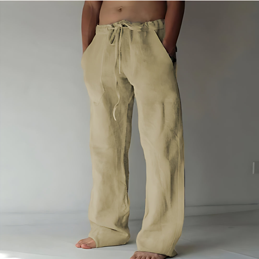 Pantalon lin homme été, coupe chic et respirante.  Parfait pour les journées chaudes.