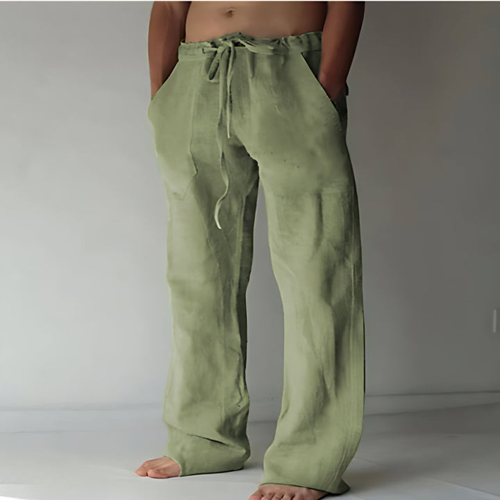 Pantalon lin homme été, coupe chic et respirante.  Parfait pour les journées chaudes.
