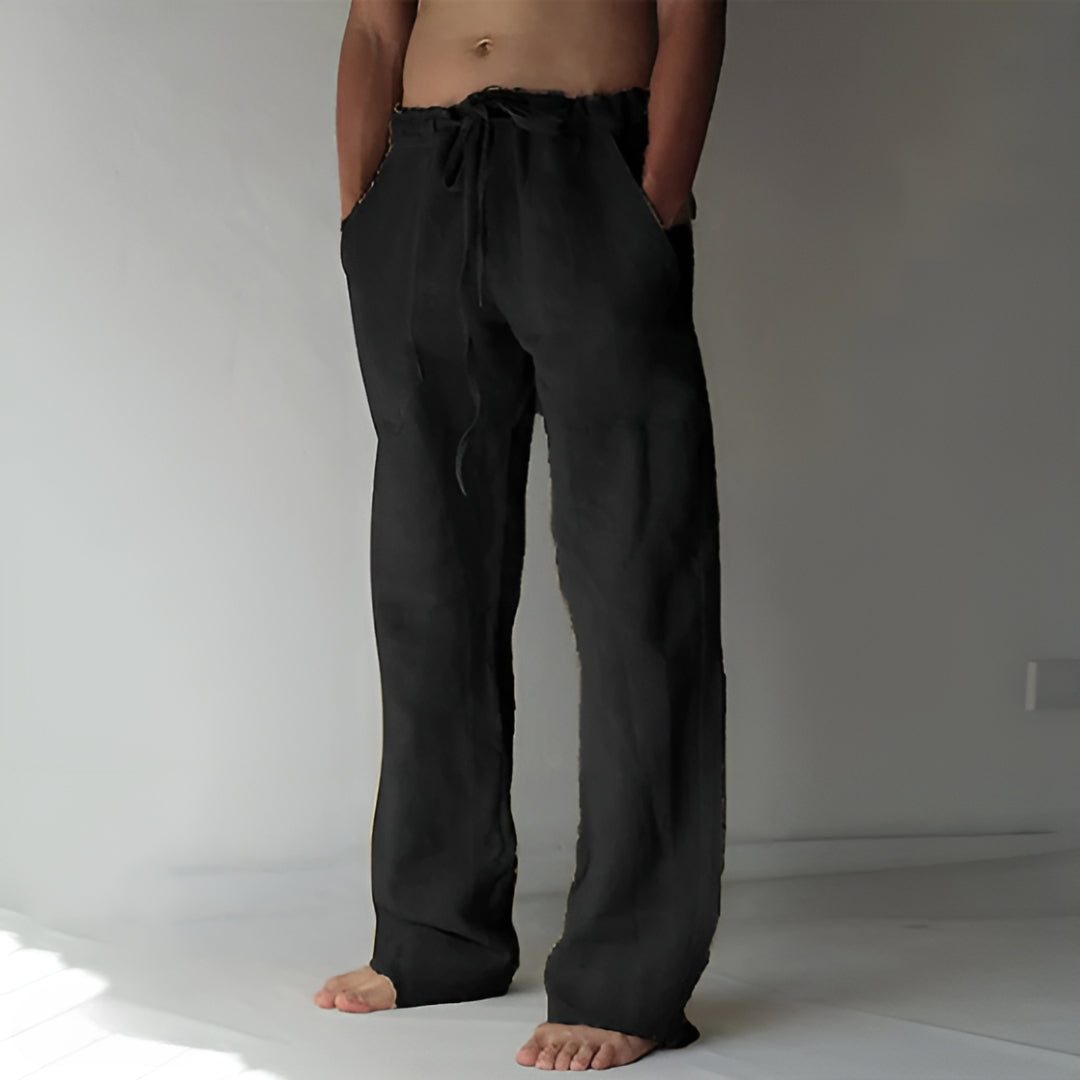 Pantalon lin homme été, coupe chic et respirante.  Parfait pour les journées chaudes.