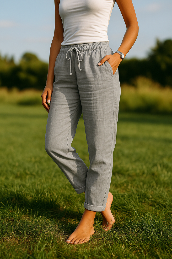 Pantalon Monica en coton et lin, coupe décontractée avec taille élastique, idéal pour confort et style quotidien.