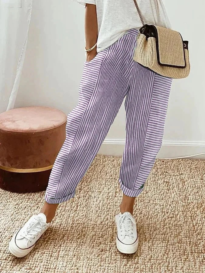 Pantalon à rayures en coton pour femmes. Style printanier léger et taille haute, très confortable.