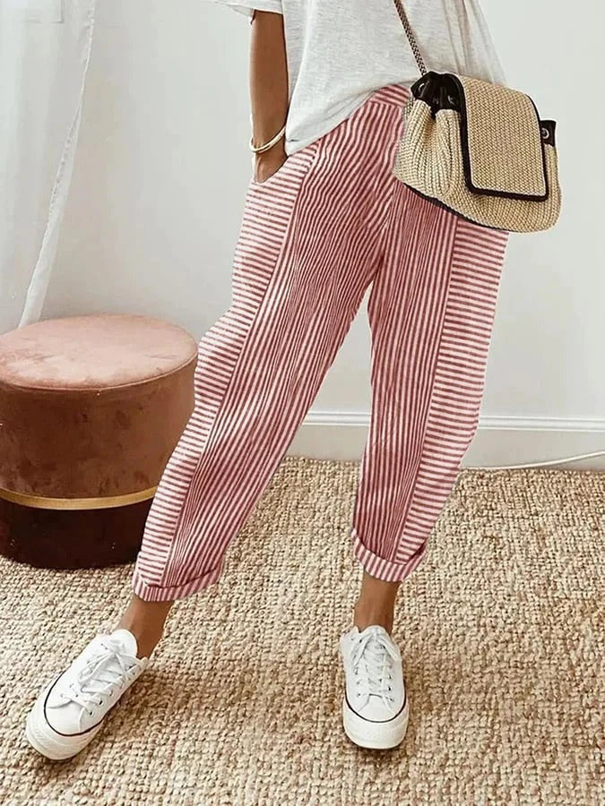Pantalon rayé femme, coton, été.  Coupe ample, style décontracté.