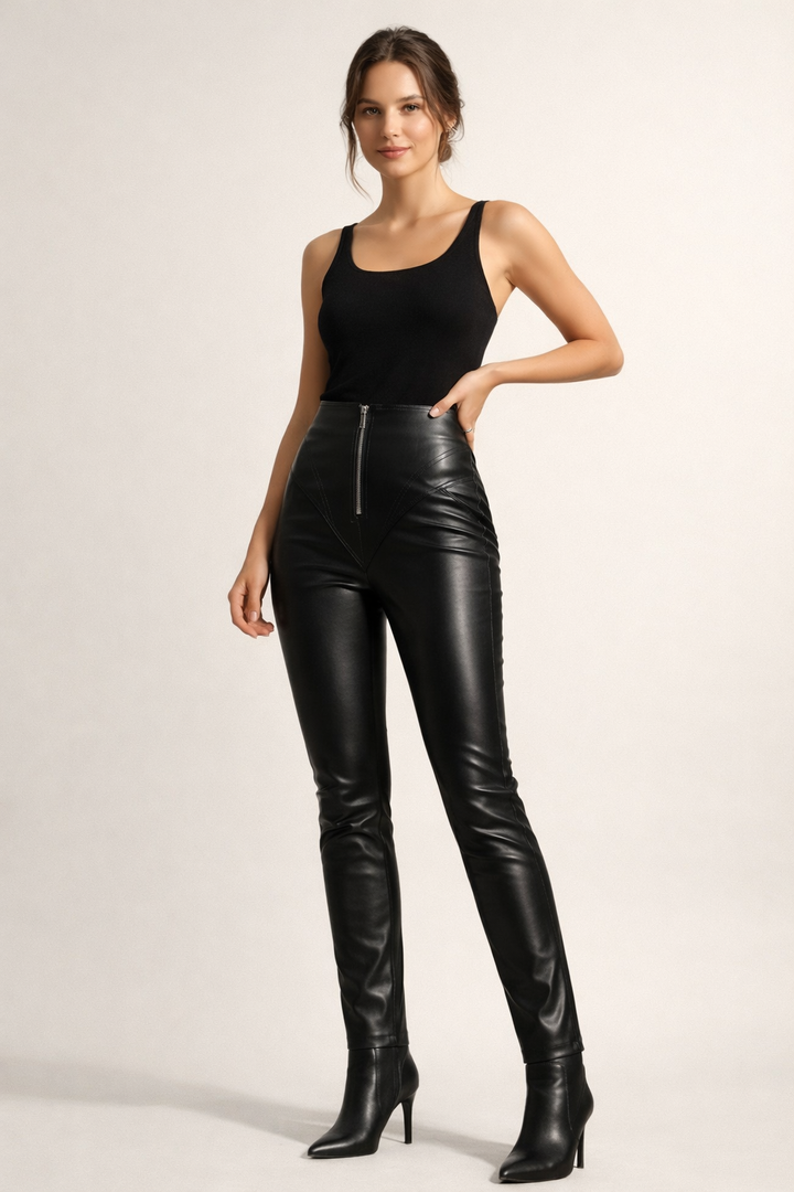 Pantalon slim femme noir taille haute effet cuir, élégant et ajusté, idéal pour une tenue de soirée chic.