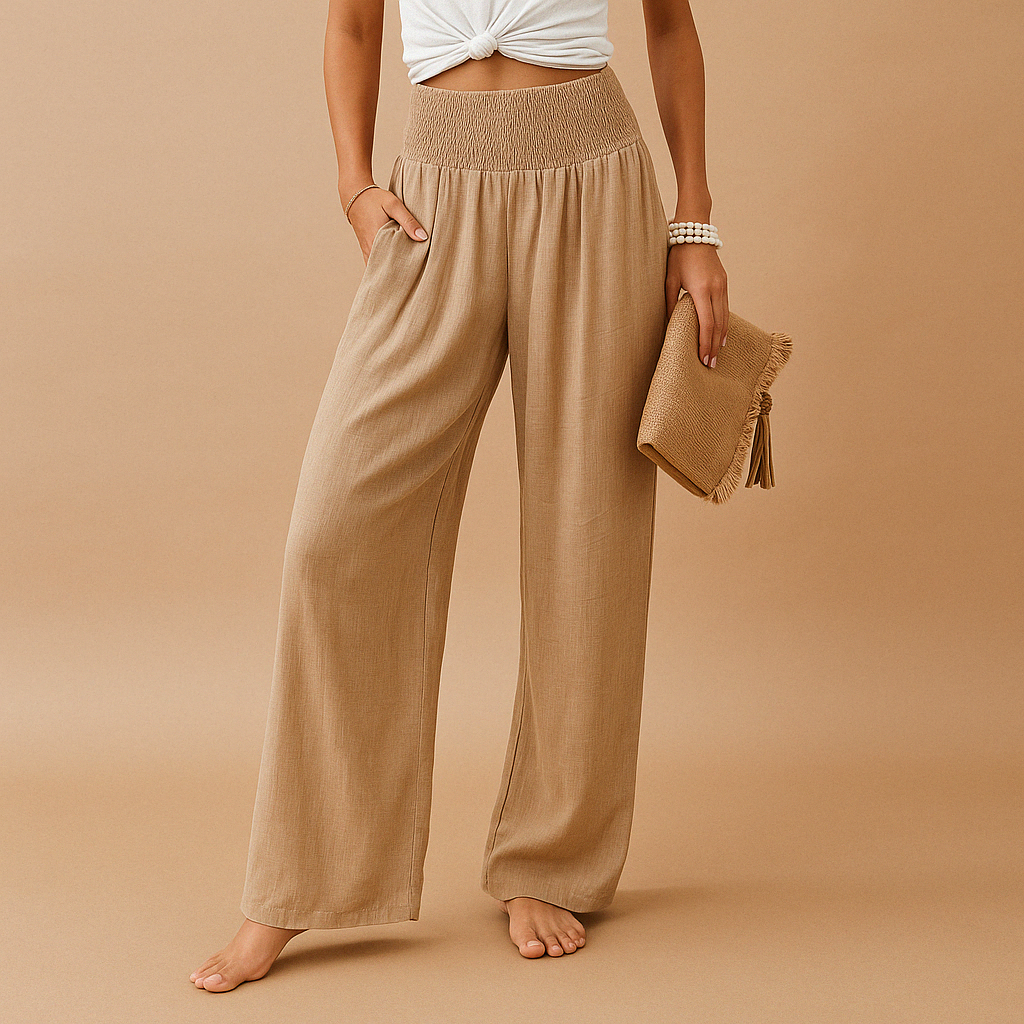 Pantalon taille haute femme en lin beige, élégant et confortable, idéal pour l'été. Vêtement polyvalent.