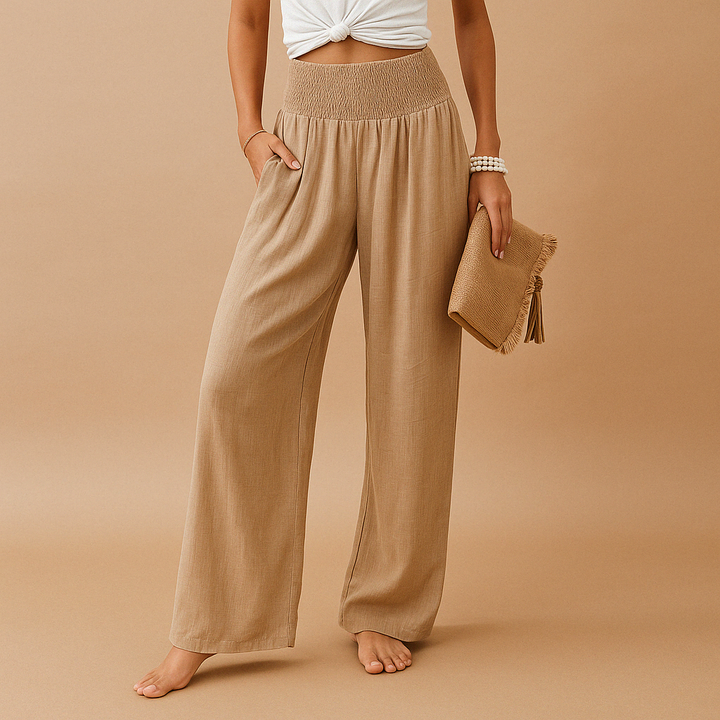 Pantalon taille haute femme en lin beige, élégant et confortable, idéal pour l'été. Vêtement polyvalent.