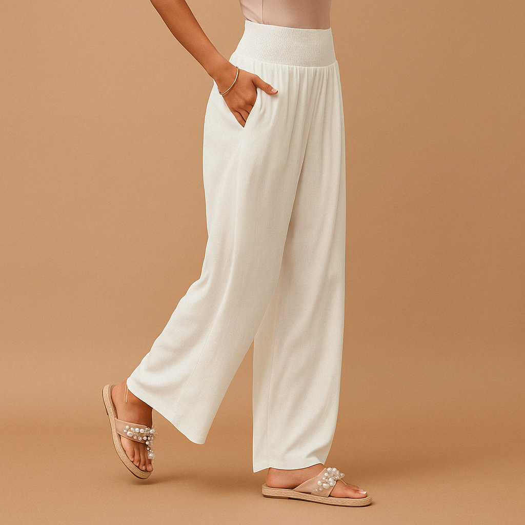 Pantalon femme taille haute décontracté, coupe ample en lin, parfait pour un look printanier chic et mode.