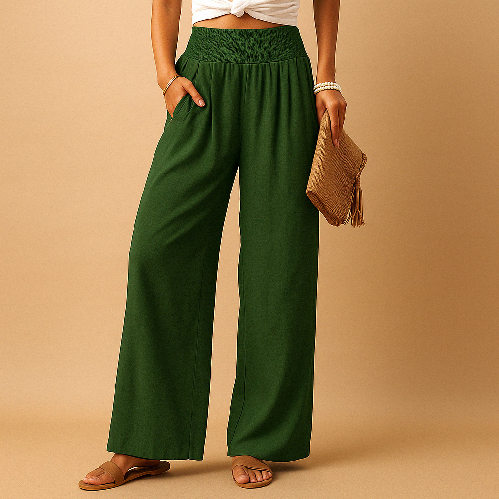 Pantalon femme élégant, taille haute en lin. Design moderne et confort optimal pour le printemps et l'été.