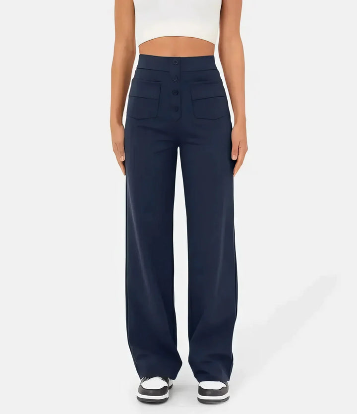 Pantalon gris femme confortable, taille haute, idéal pour le quotidien.