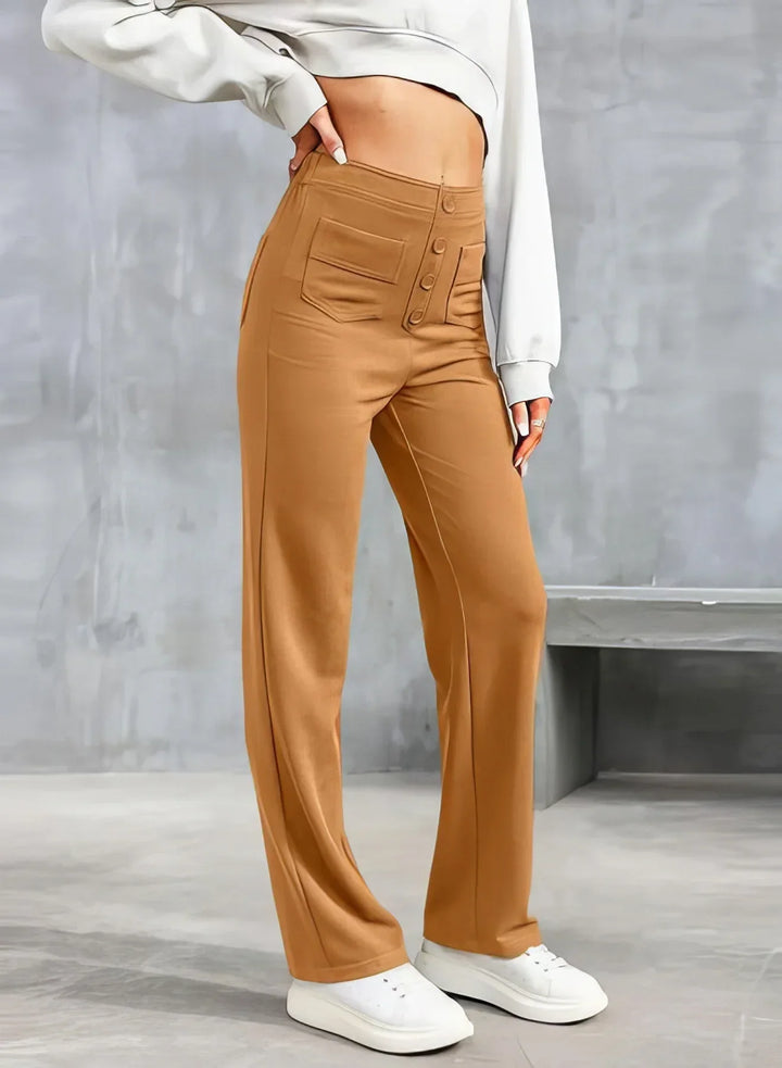 Pantalon vert taille haute femme, polyvalent, look automne chic.