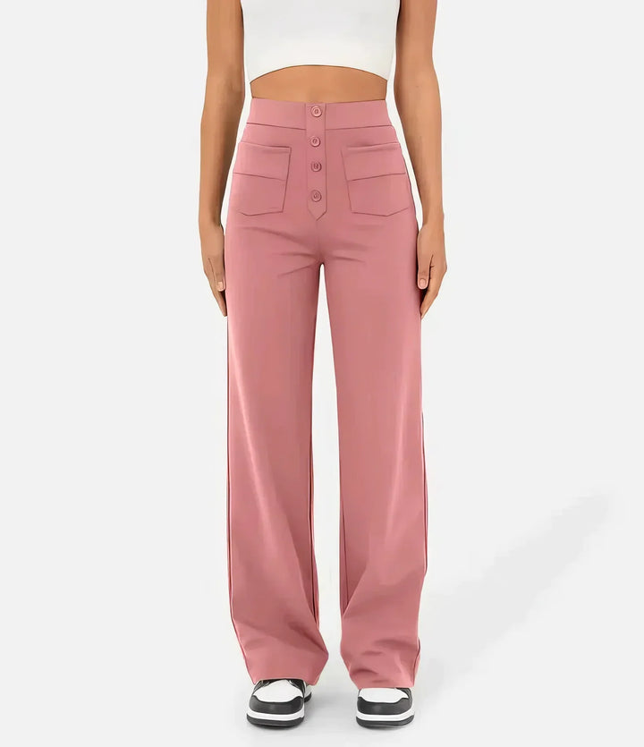 Pantalon brun taille haute femme, confortable et élégant pour toute occasion.