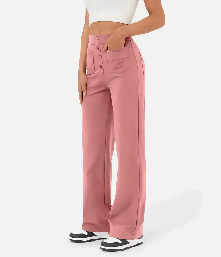 Pantalon gris femme taille haute, décontracté chic, matière douce.