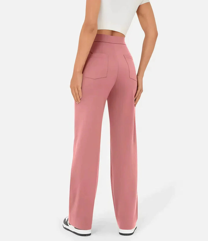 Pantalon vert décontracté femme, taille haute confortable, style automne.