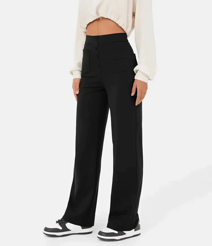 Pantalon noir femme, taille haute élégante, parfait pour un look chic.