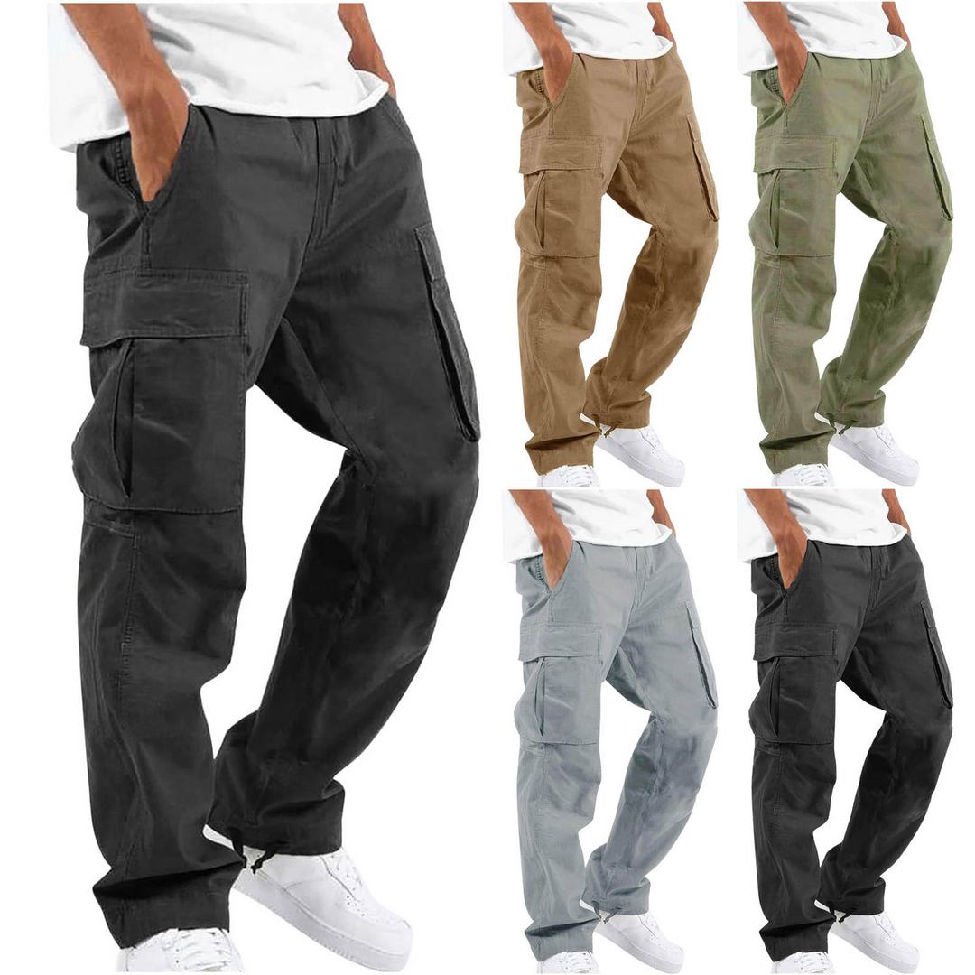 "Pantalons cargo noirs pour hommes avec poches multiples, coupe ample pour confort et style quotidien."