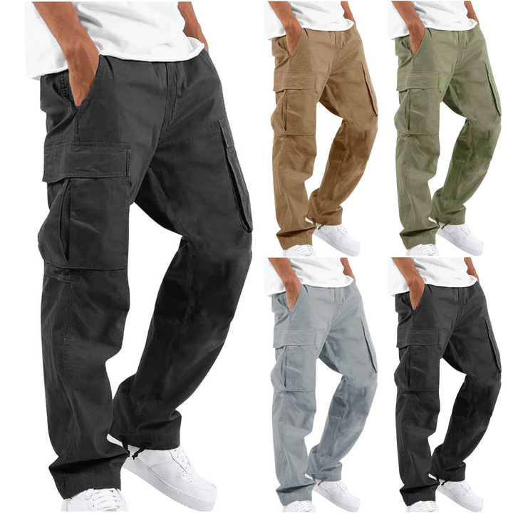 "Pantalons cargo noirs pour hommes avec poches multiples, coupe ample pour confort et style quotidien."
