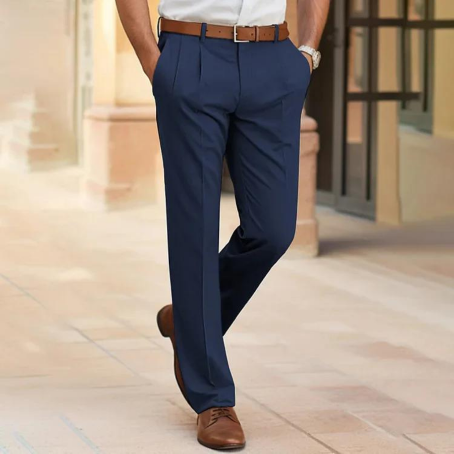 "Pantalons élégants homme, coupe moderne, tissu haute qualité, couleurs variées: bleu, noir, marron, beige, gris."