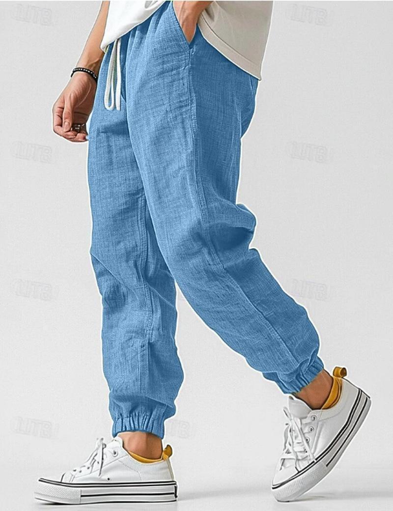 "Pantalons en lin pour hommes, couleur bleue, coupe décontractée, léger et respirant pour un style estival élégant."