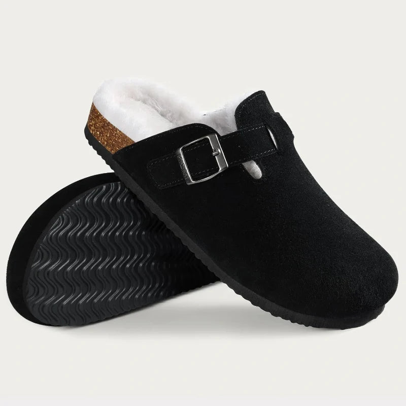 Pantoufles d'hiver Boston marron en daim, doublure fourrure pour homme et femme.