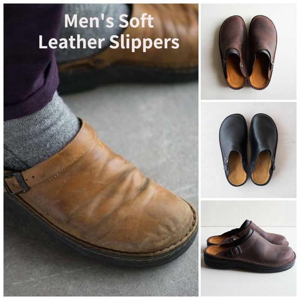 Pantoufles en cuir marron pour hommes, design ergonomique, semelle rembourrée, offrant un confort et un soutien optimal.