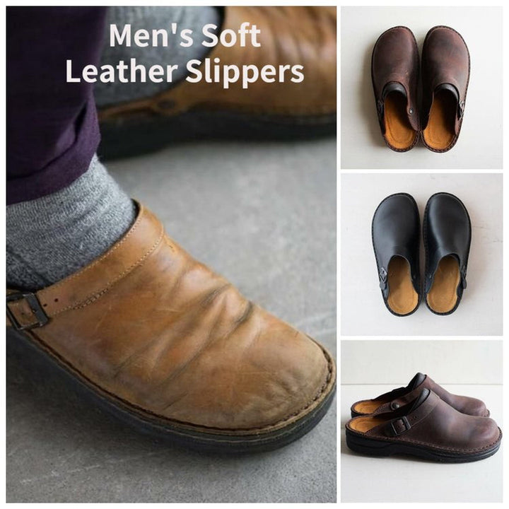 Pantoufles en cuir marron pour hommes, design ergonomique, semelle rembourrée, offrant un confort et un soutien optimal.