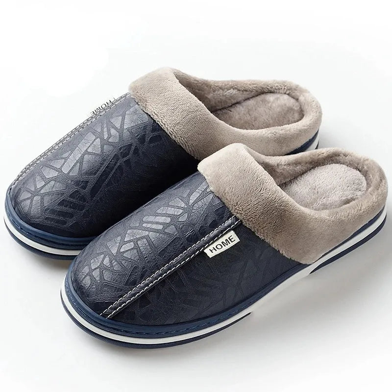 Pantoufles unisexe élégantes en cuir PU imperméable, doublure chaude pour l'intérieur, confort et détente.