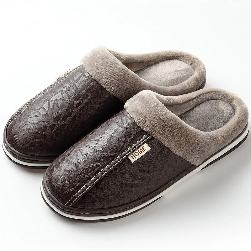 Pantoufles unisexe chaudes et imperméables en cuir PU, parfaites pour la maison, douces et confortables en hiver.