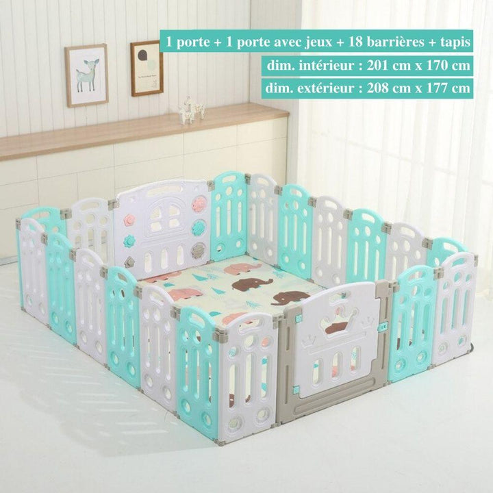 "Parc bébé sécurisé pliable bleu/rose, barrière modulable avec panier basket, adapté 0-6 ans, espace de jeu amusant."