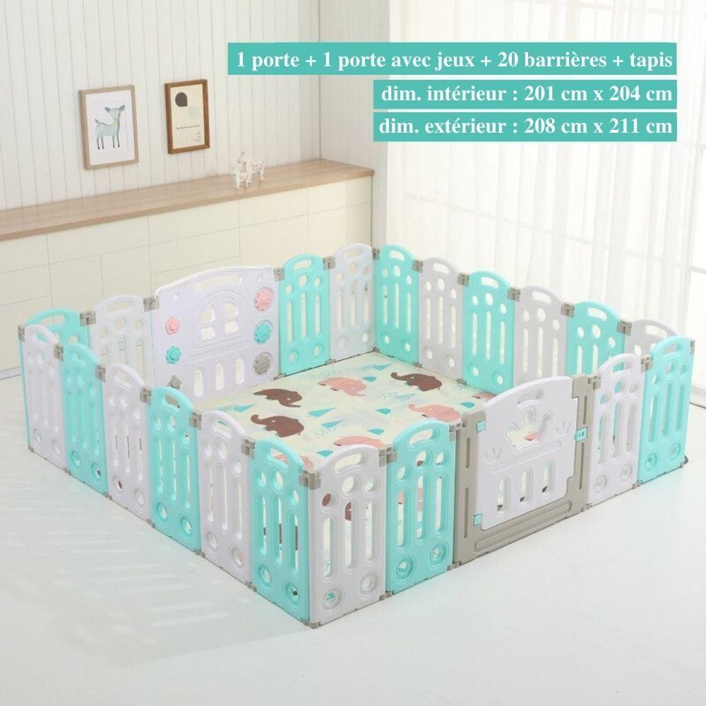 "Parc bébé sécurisé pliable bleu/rose, barrière modulable avec panier basket, adapté 0-6 ans, espace de jeu amusant."