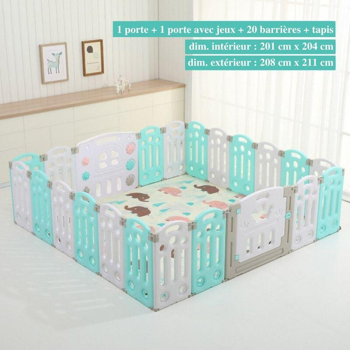 "Parc bébé sécurisé pliable bleu/rose, barrière modulable avec panier basket, adapté 0-6 ans, espace de jeu amusant."