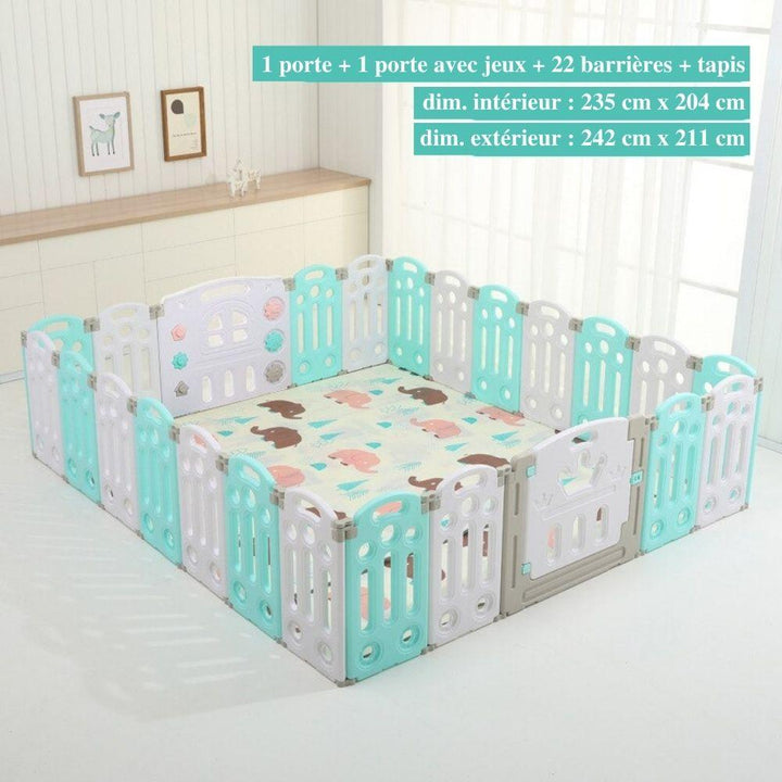 "Parc bébé sécurisé pliable bleu/rose, barrière modulable avec panier basket, adapté 0-6 ans, espace de jeu amusant."